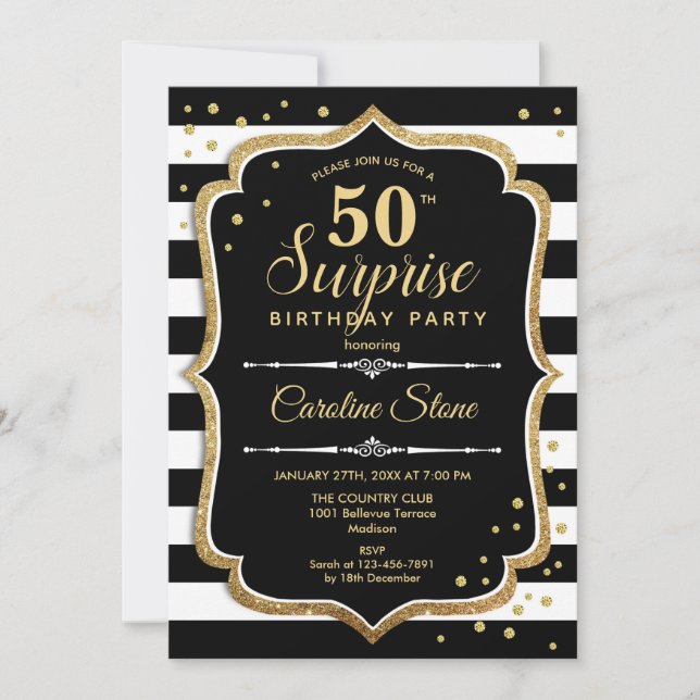 Surprise 50th Birthday Invitation Black White Gold (Front)