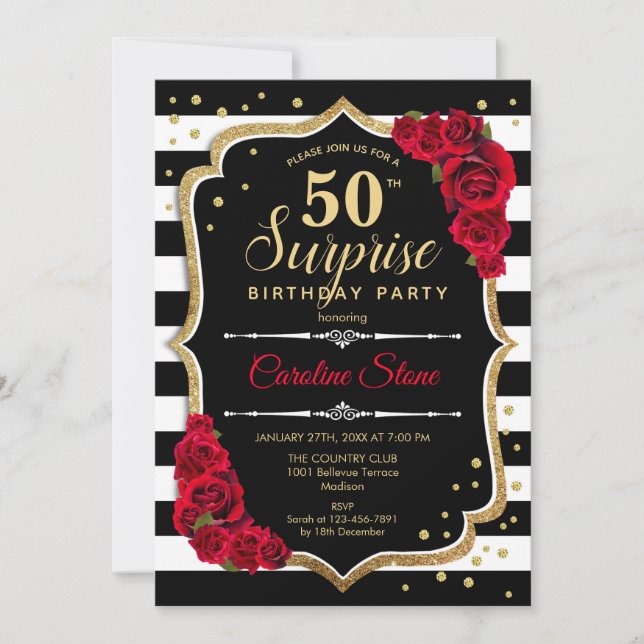 Surprise 50th Birthday Invitation Black White Red (Front)