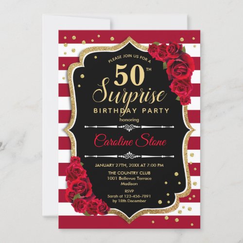 Surprise 50th Birthday Invitation Black White Red