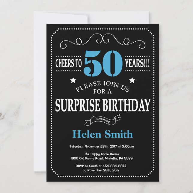 Surprise 50th Birthday Invitation Blue and Black (Front)