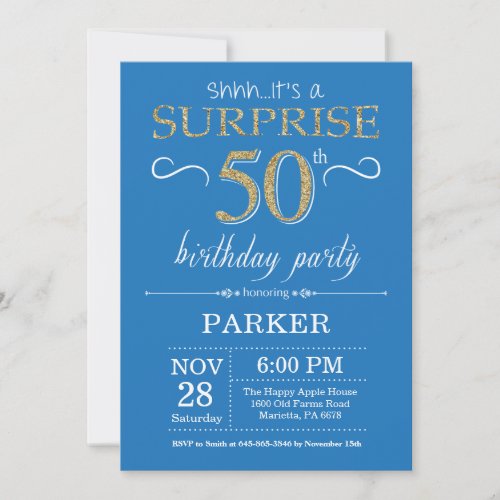 Surprise 50th Birthday Invitation Blue and Gold