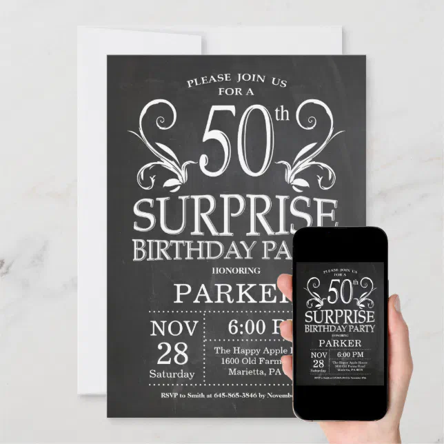 Surprise 50th Birthday Invitation Chalkboard | Zazzle