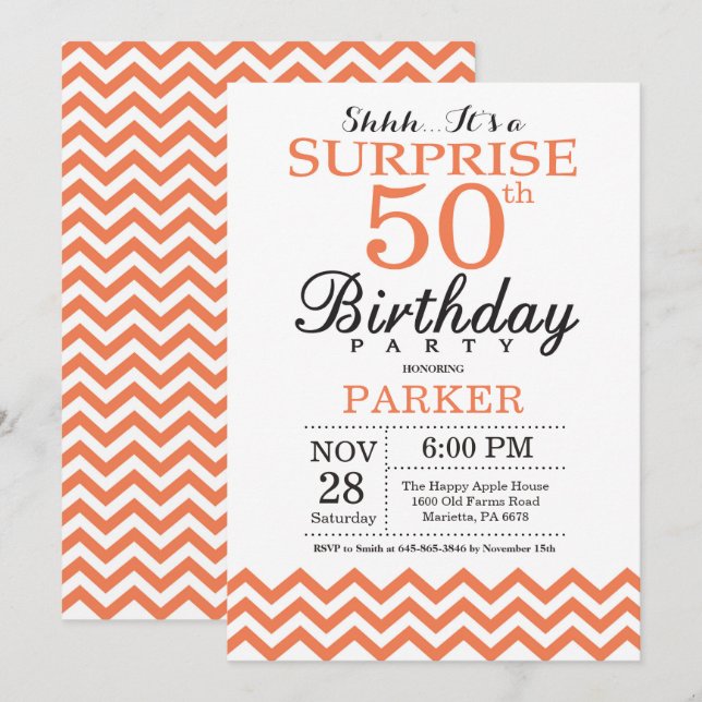 Surprise 50th Birthday Invitation Coral Chevron (Front/Back)