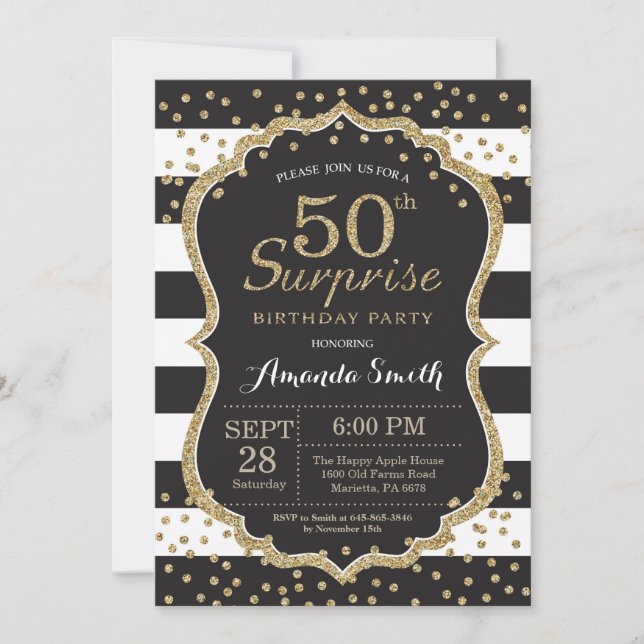 Surprise 50th Birthday Invitation. Gold Glitter Invitation (Front)