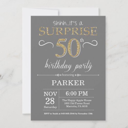 Surprise 50th Birthday Invitation Gray and Gold