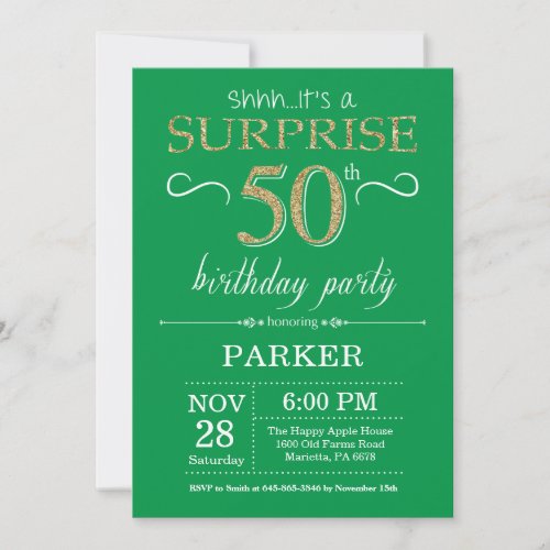 Surprise 50th Birthday Invitation Green and Gold