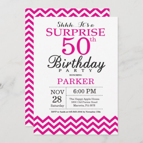 Surprise 50th Birthday Invitation Hot Pink Chevron