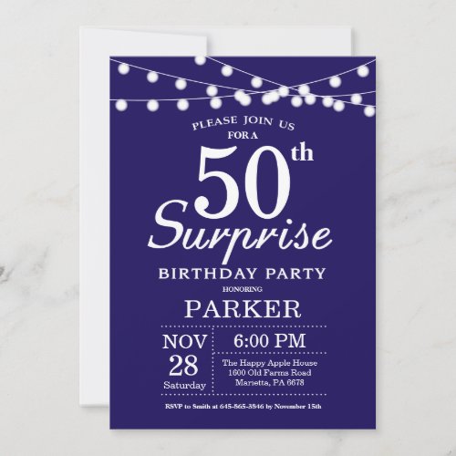 Surprise 50th Birthday Invitation Navy Blue