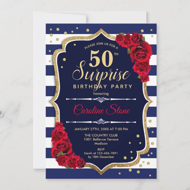 Surprise 50th Birthday Invitation Navy White Red (Front)