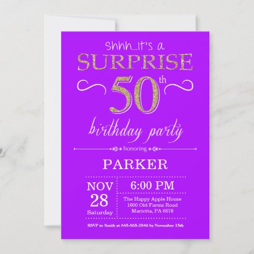 Surprise 50th Birthday Invitation Purple and Gold