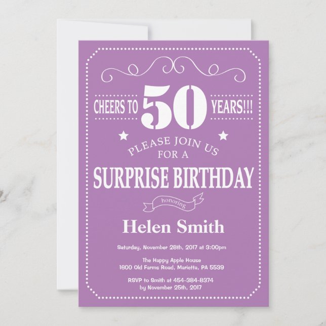 Surprise 50th Birthday Invitation Purple and White (Front)