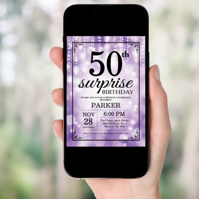 Surprise 50th Birthday Invitation Purple Glitter (Front Digital)