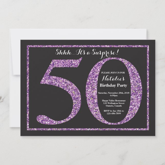 Surprise 50th Birthday Invitation Purple Glitter (Front)
