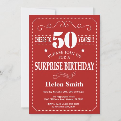 Surprise 50th Birthday Invitation Red and White