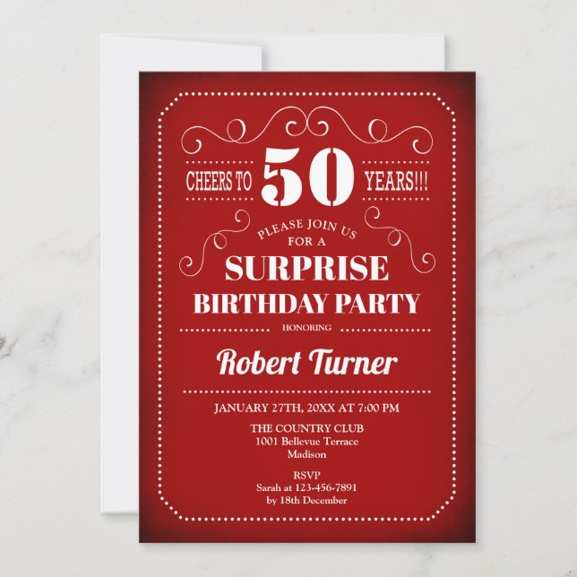 Surprise 50th Birthday Invitation - Red White (Front)