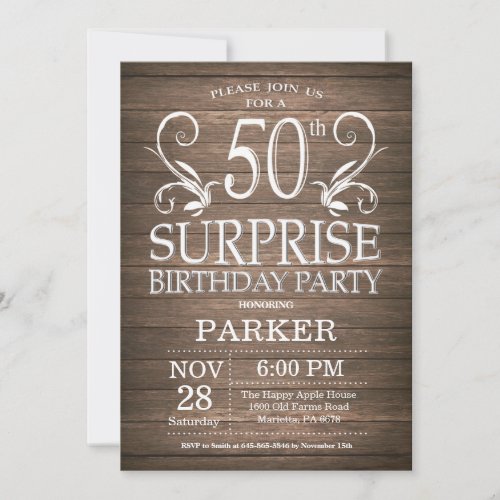 Surprise 50th Birthday Invitation Rustic Wood