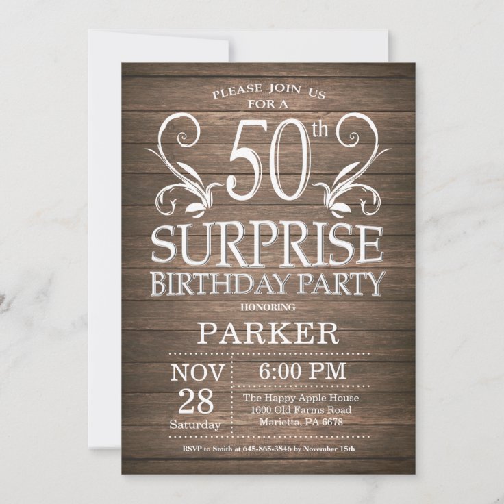 Surprise 50th Birthday Invitation Rustic Wood | Zazzle