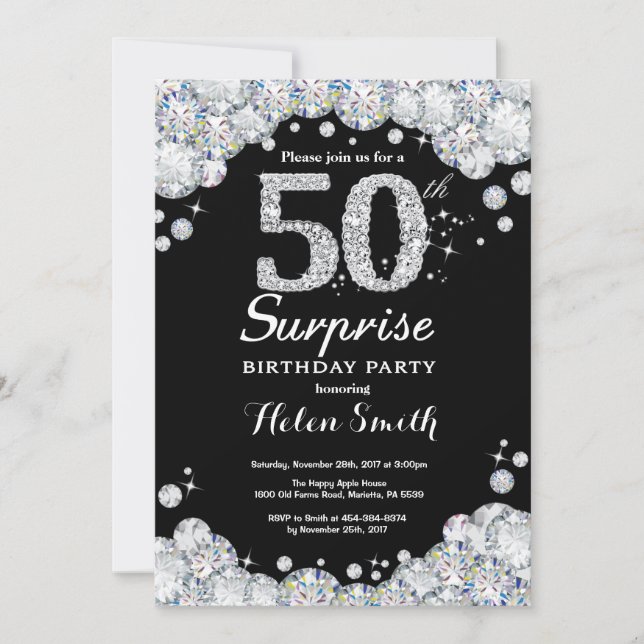 Surprise 50th Birthday Invitation Silver Diamond (Front)