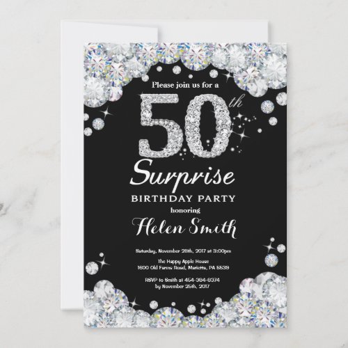 Surprise 50th Birthday Invitation Silver Diamond