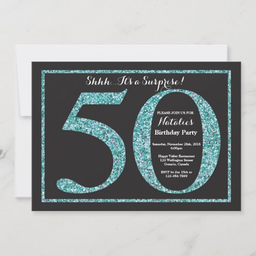 Surprise 50th Birthday Invitation Teal Glitter