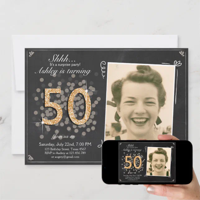 Surprise 50th birthday invite Chalkboard vintage | Zazzle