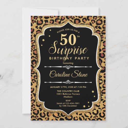 Surprise 50th Birthday _ Leopard Black Gold Invitation