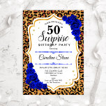 Surprise 50th Birthday - Leopard Gold Royal Blue Invitation<br><div class="desc">Surprise 50th Birthday Invitation.
Feminine royal blue,  white design with faux glitter gold. Features animal leopard cheetah pattern,  sapphire blue roses,  script font and confetti. Perfect for an elegant birthday party. Can be personalized to show any age. Message me if you need further customization.</div>