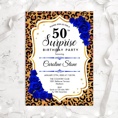 Surprise 50th Birthday _ Leopard Gold Royal Blue Invitation