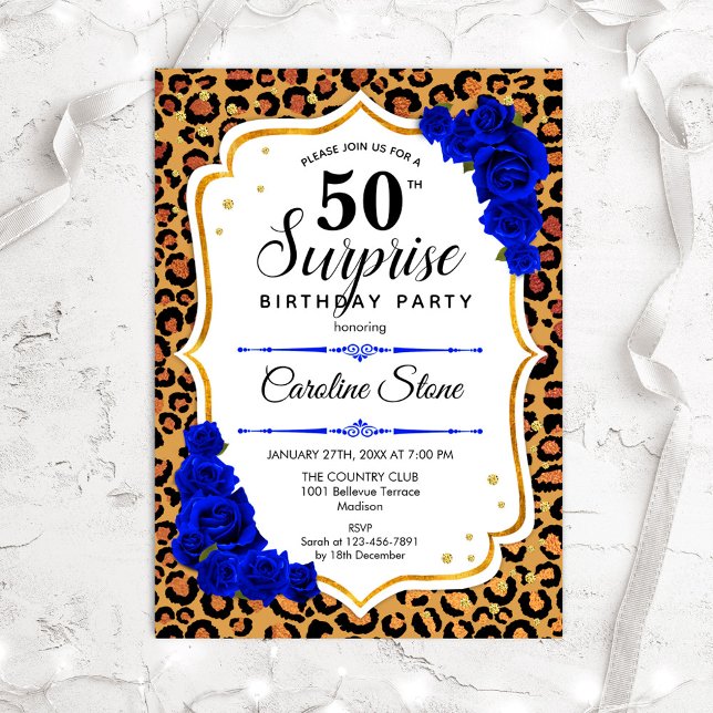 Surprise 50th Birthday - Leopard Gold Royal Blue Invitation (Creator Uploaded)