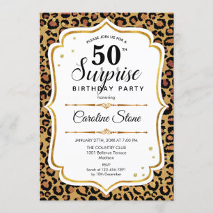 Surprise 50th Birthday - Leopard Gold White Invitation