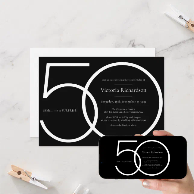 Surprise 50th Birthday Minimalist Chic Black White Invitation Zazzle