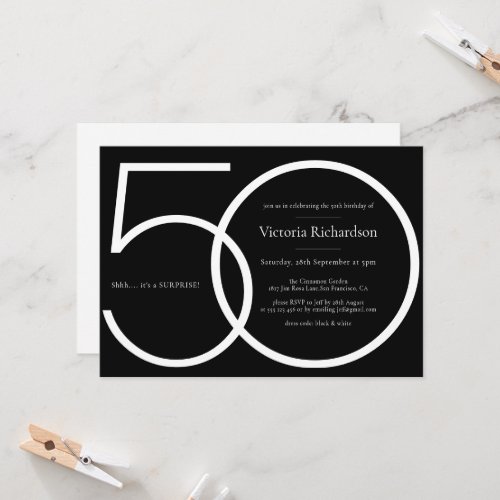 Surprise 50th Birthday Minimalist Chic Black White Invitation