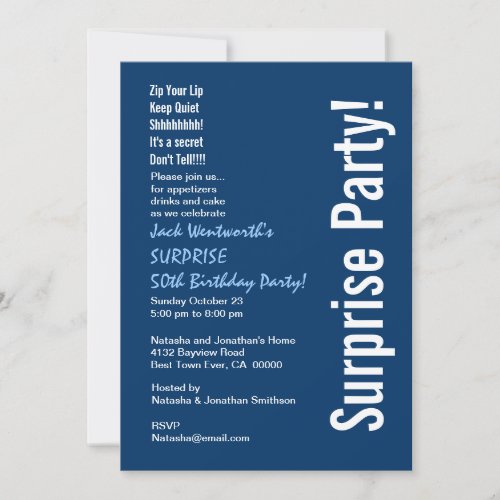 SURPRISE 50th Birthday Modern Navy Blue White Invitation