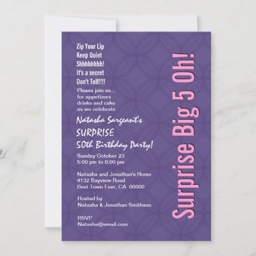 SURPRISE 50th Birthday Modern Purple Pink G351 Personalized Announcements