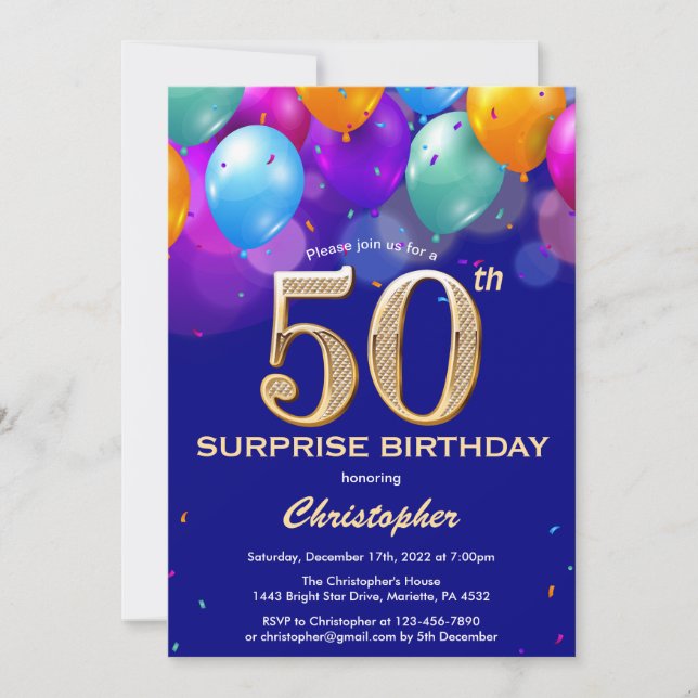 Surprise 50th Birthday Navy Blue and Gold Balloons Invitation (Front)