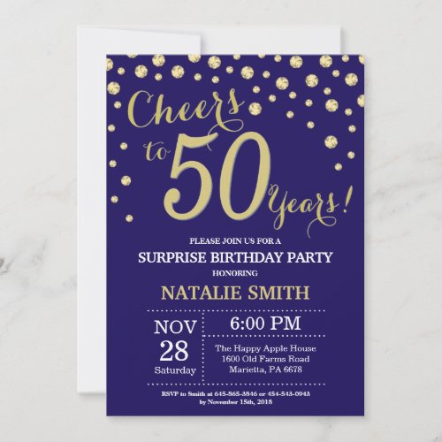 Surprise 50th Birthday Navy Blue and Gold Diamond Invitation