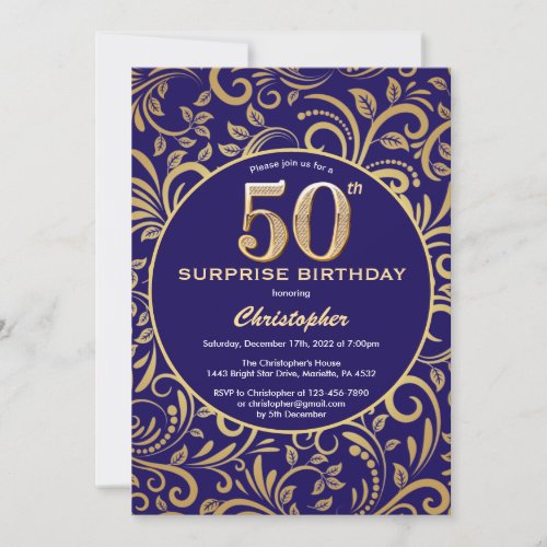 Surprise 50th Birthday Navy Blue and Gold Floral Invitation
