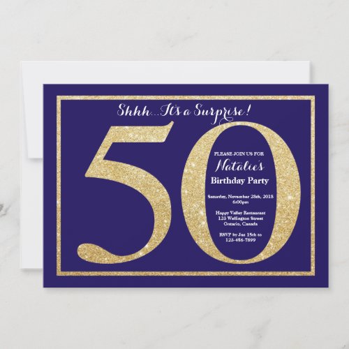 Surprise 50th Birthday Navy Blue and Gold Glitter Invitation