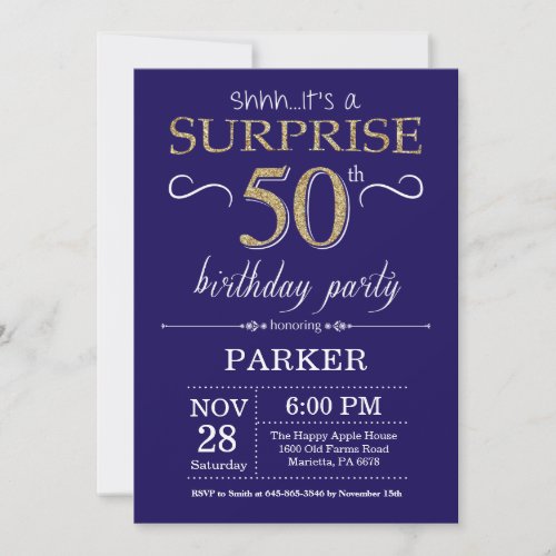 Surprise 50th Birthday Navy Blue and Gold Glitter Invitation