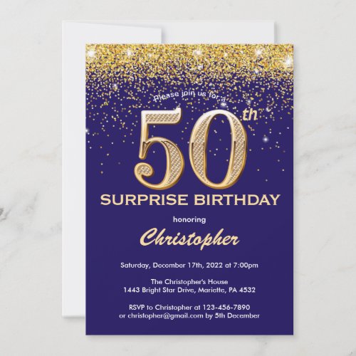 Surprise 50th Birthday Navy Blue and Gold Glitter Invitation