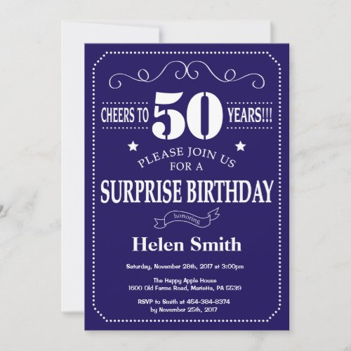 Surprise 50th Birthday Navy Blue and White Invitation