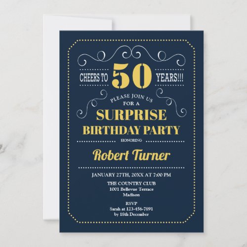 Surprise 50th Birthday _ Navy Blue Gold Invitation