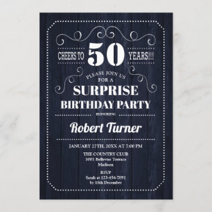 Surprise 50th Birthday - Navy Wood Pattern Invitation