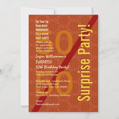 SURPRISE 50th Birthday Orange Gold Gears B322 Invitation