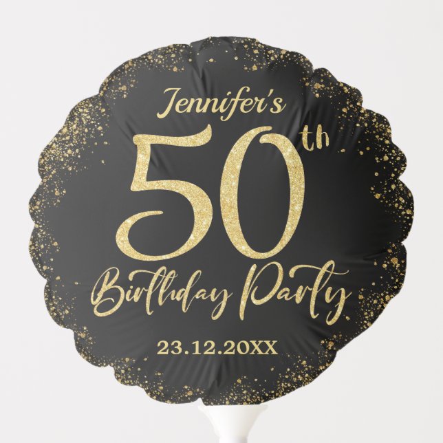 Surprise 50th Birthday Party Black & Gold Glitter Balloon (Front)