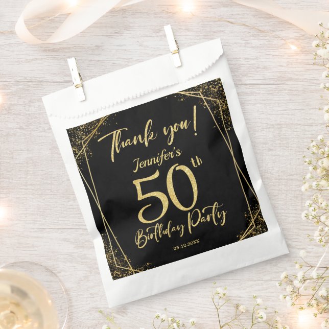 Surprise 50th Birthday Party Black & Gold Glitter Favor Bag (Clipped)