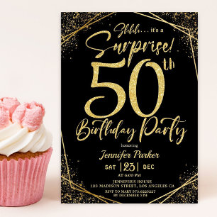 Surprise 50th Birthday Party Black & Gold Glitter Invitation