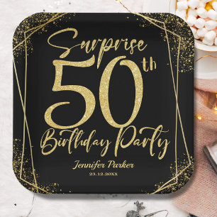 Surprise 50th Birthday Party Black & Gold Glitter Paper Plates