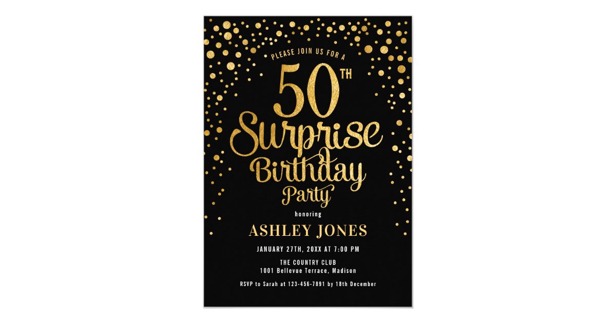 Surprise 50th Birthday Party - Black & Gold Invitation | Zazzle.com