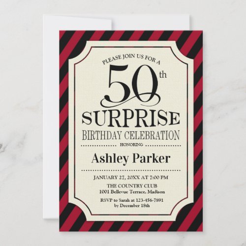 Surprise 50th Birthday Party _ Black Red Stripes Invitation